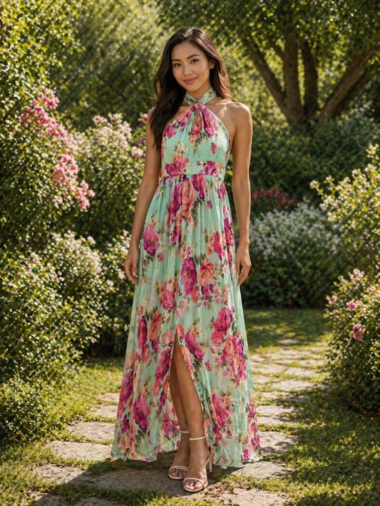Shelby & Palmer Dresses & Skirts - Shelby & Palmer Mint Floral Halter Maxi Dress with Pink Roses